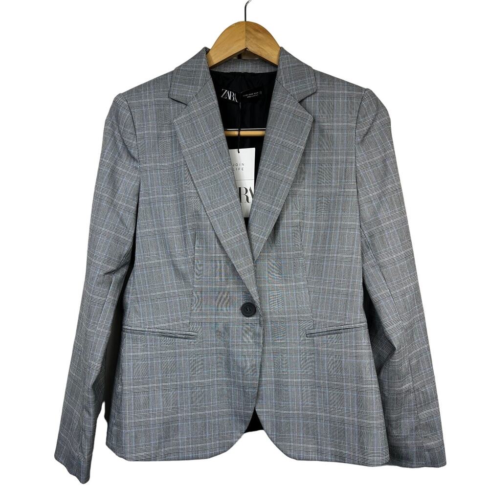 Zara Plaid Light Blue Gray Brown Blazer Womens EUR38, US6 Single Button Front